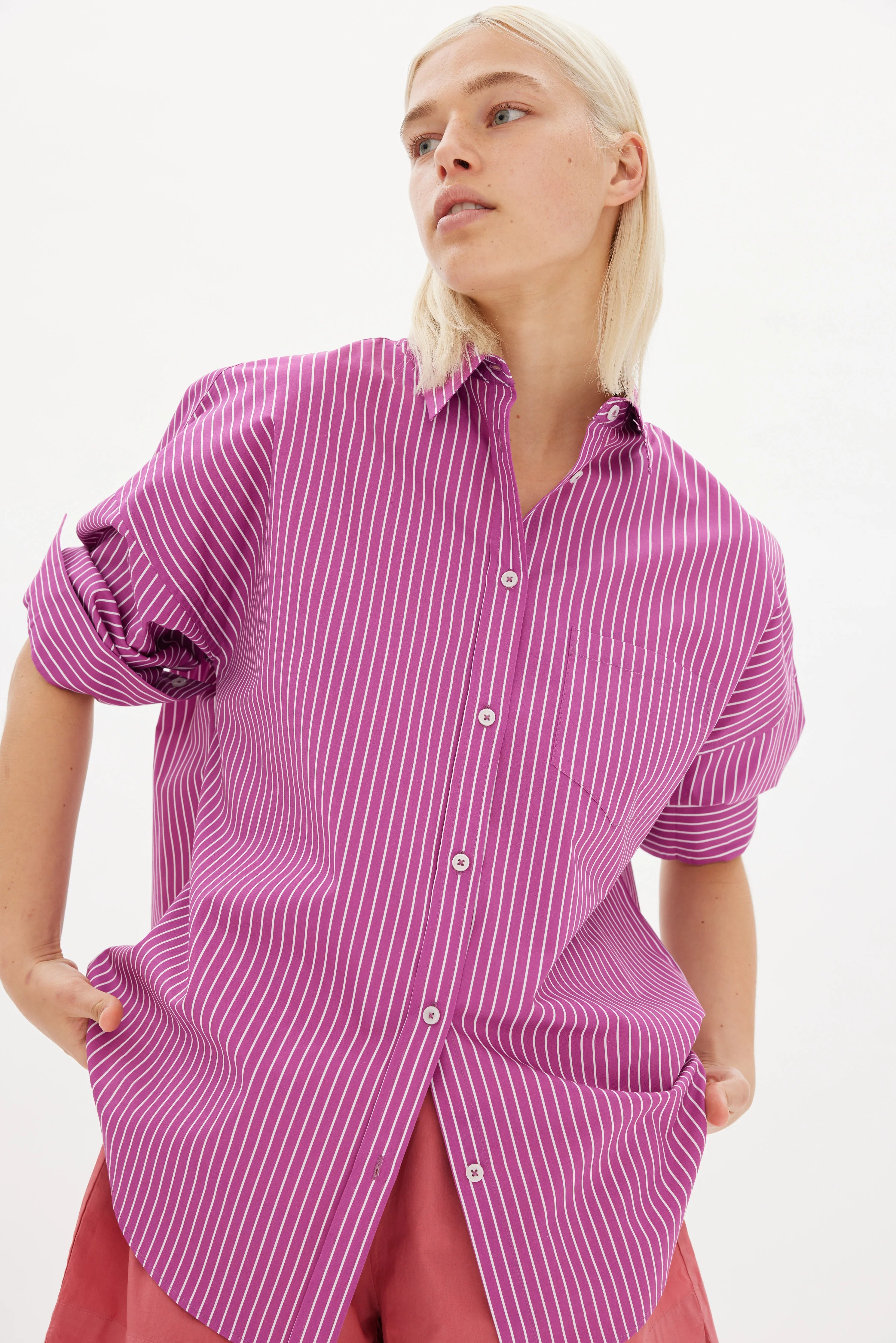 LMND Chiara Mid Length Stripe Shirt in Fuschia & White Momera Goondiwindi 